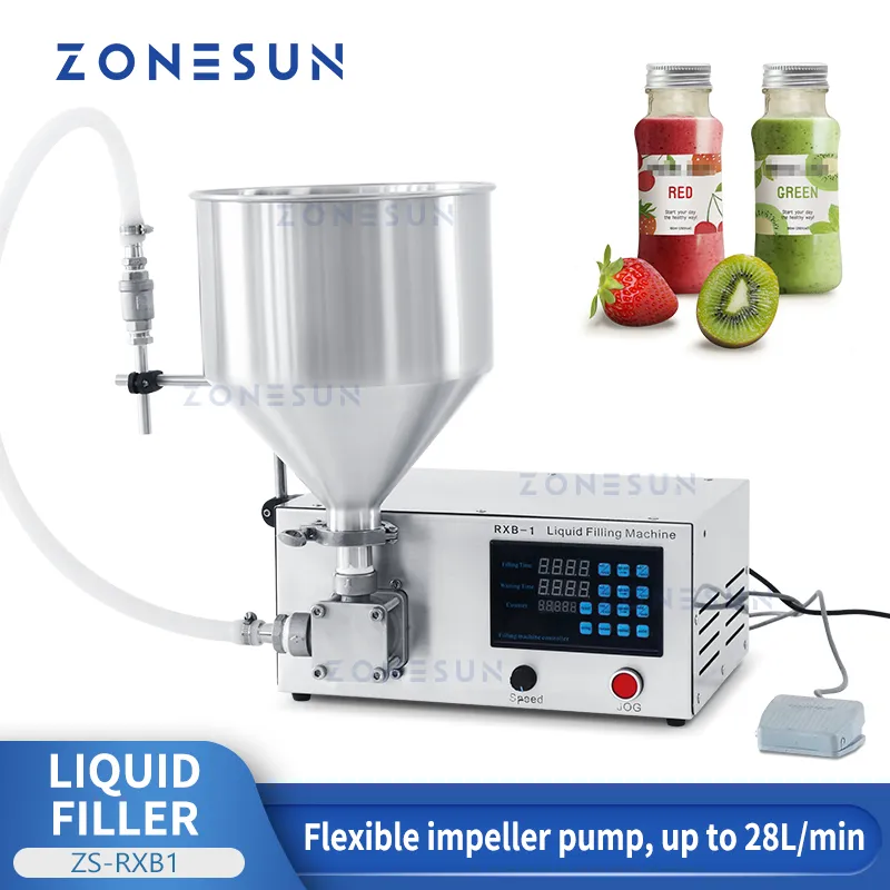 ZONESUN Liquid Paste Filler with Granules Sauce Jam Bottle Jar Flexible Impeller Pump Footswitch Hopper super fast Digital Control ZS-RXB1