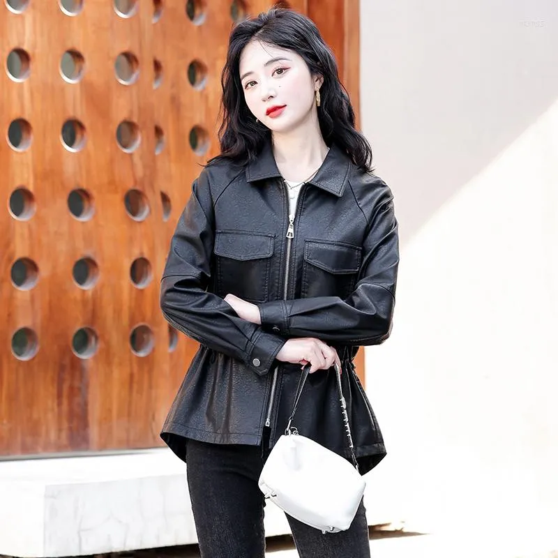 Kvinnors läderjackor för kvinnor Autumn Winter Jacket Short Drawstring Sheepskin Coats Korean Fit Fashion Coat Chaqueta CJK