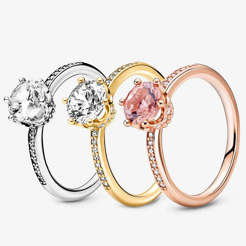 Verklig Sterling Silver Crown Solitaire Ring med originalbox f￶r Pandora Women Girls Wedding Party Jewelry Rose Gold Pink Cz Diamond Engagement Rings