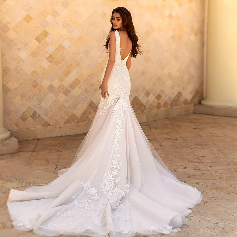 cut out wedding dress Elegant Long Cutout Lace Train Crepe Mermaid fully beaded dress Andrea & Leo Couture A1022