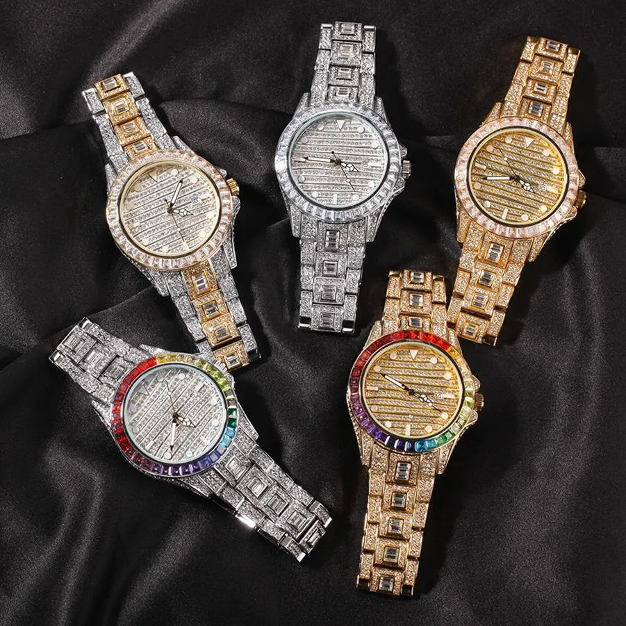 NEW High Quality Hip Hop Colorful Watch 316L Stainless Steel Case Cover Full Diamond Crystal Strap Watches Quartz Wrist Watches Pu267Q