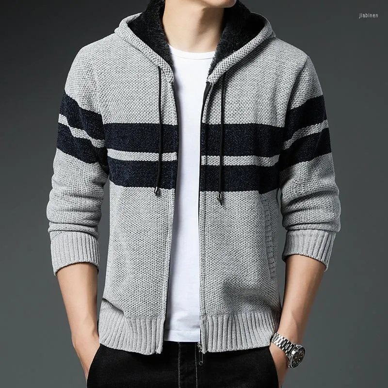 Men's Sweaters Knitted Men's Winter Hooded Zipper Fleece Cardigan Korean Style Fashion Sweater Male Thick Velvet Patchwork Long Sleeve