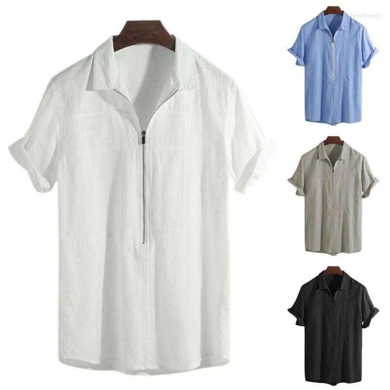 メンズTシャツメンズリネン半袖ジップネックTシャツ夏のカジュアルルーズブラウスティートップスau