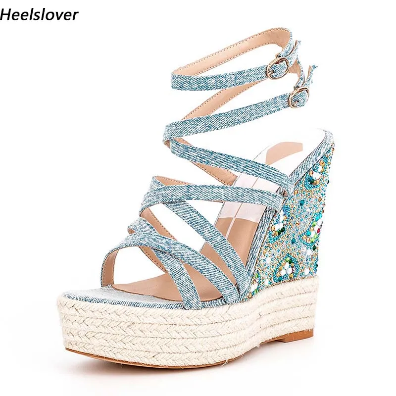 Heelslover New Fashion Women Summer Sandals Hollow Out Wedges Opens Open Open Tee Brety Blue Party Shoes Ladies Us Size 5-13