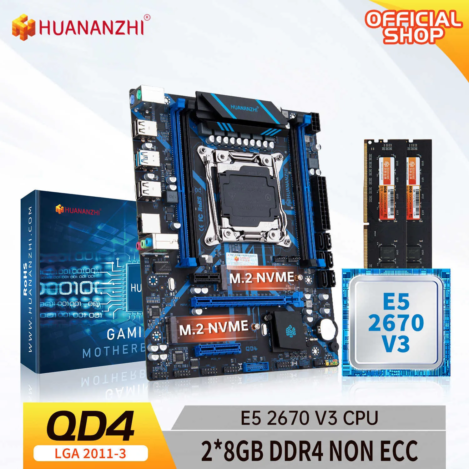 Huananzhi QD4 LGA 2011 3 Moderkort med Intel Xeon E5 2670 V3 med 2 8G DDR4 Memory Combo Kit Set