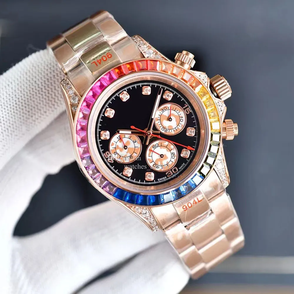 Orologio da uomo di lusso con diamanti Orologi meccanici automatici 40mm Lunetta arcobaleno Cinturino in acciaio Chiusura pieghevole Orologio da polso di lusso Regalo per uomo Vita Impermeabile Montres de luxe