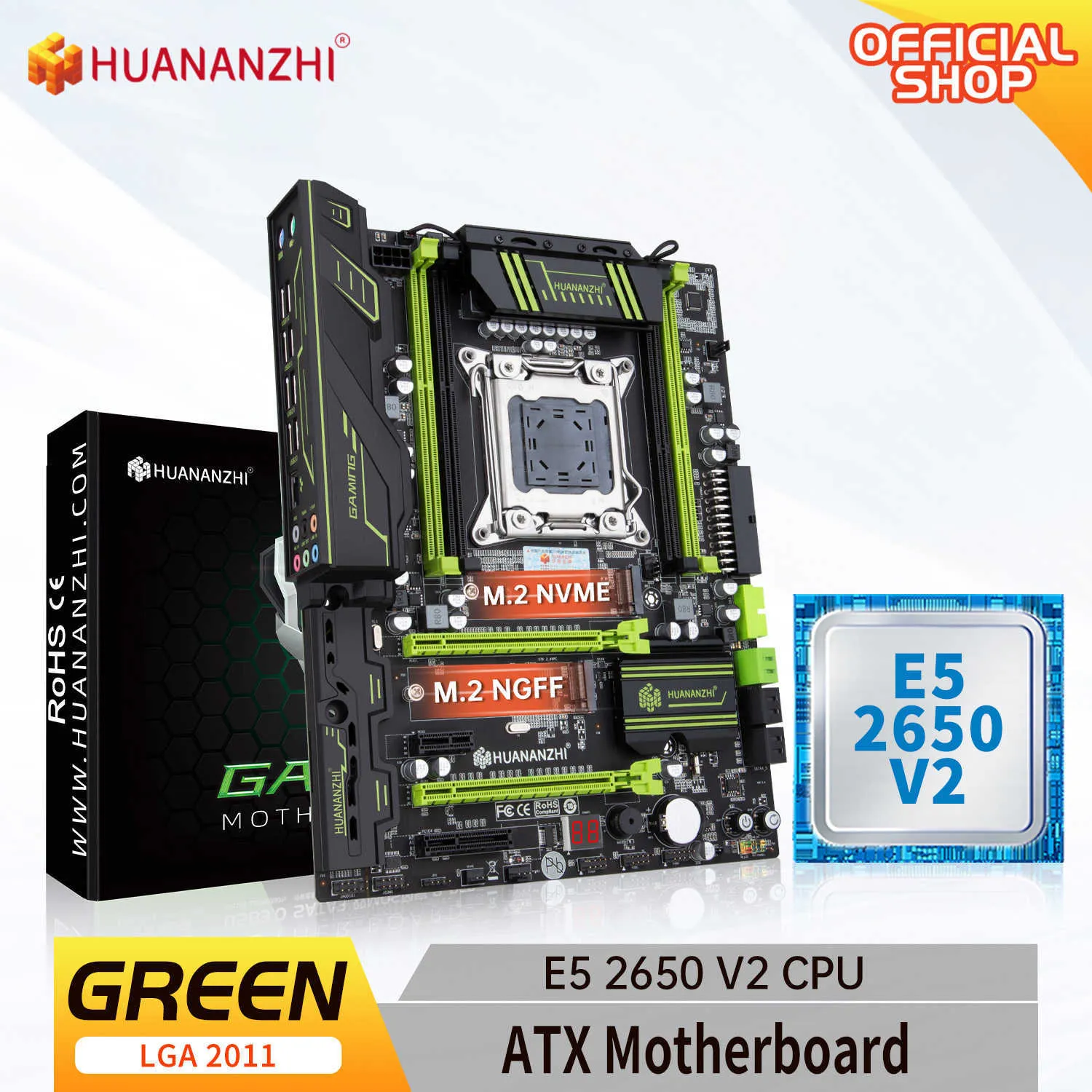 HUANANZHI GREEN 2.49 LGA 2011 motherboard with Intel XEON E5 2650V2 RECC memory combo kit set use RECC memory NVME USB 3.0