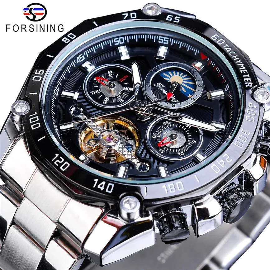 Forsining Brand Black Male Mechanical Watches Automatic Multifunction Tourbillon Moon Phase Date Racing Sport Steel Band Relogio233h