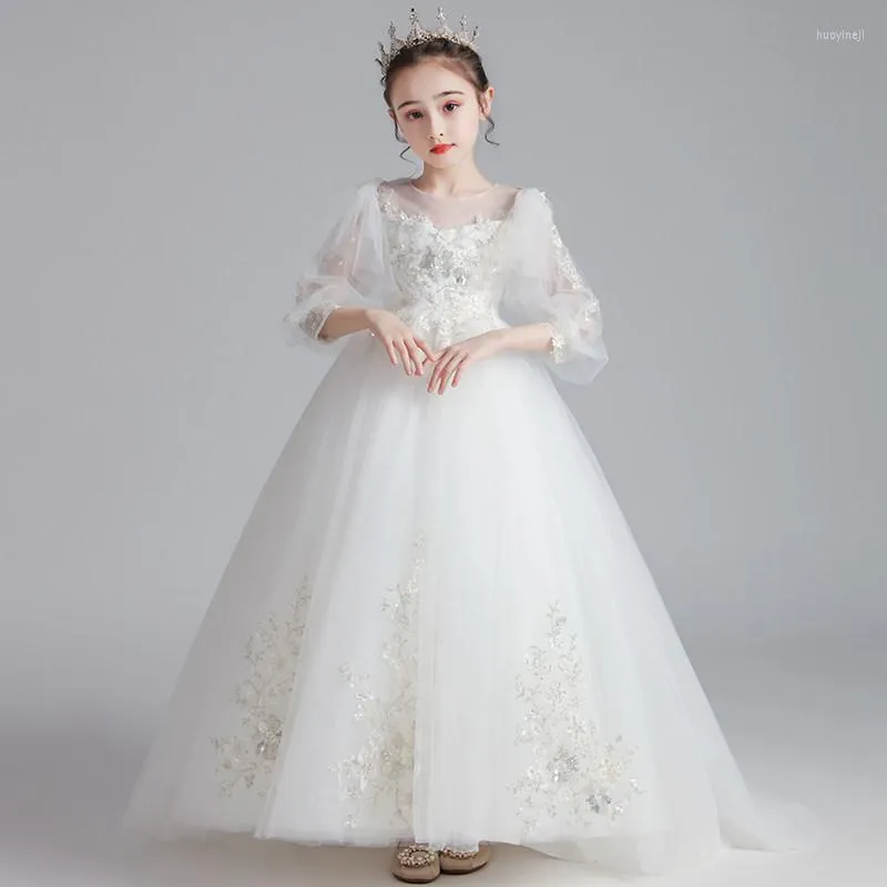 Girl Dresses Three Quarter Sleeves Ball Gown Sequins Floral Print Floor-Length Kids Party Communion For Weddings A2280