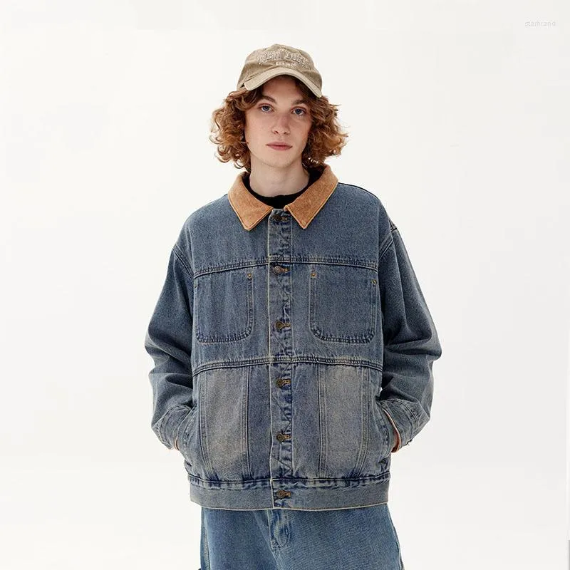 Jackets masculinos Autumn Winter Men's Color Contrast Vintage Denim Coat Loose Harajuku Casal de lapela do casal INS Chique