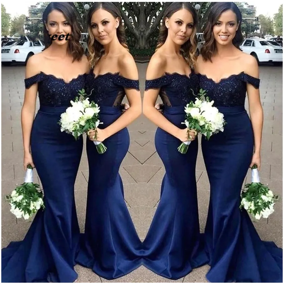 Bohemian Navy Blue Lace Navy Lace bridesmaid dresses with Cap Sleeves and Satin Fabric - Affordable Garden Wedding Guest and Maid of Honor Gown (