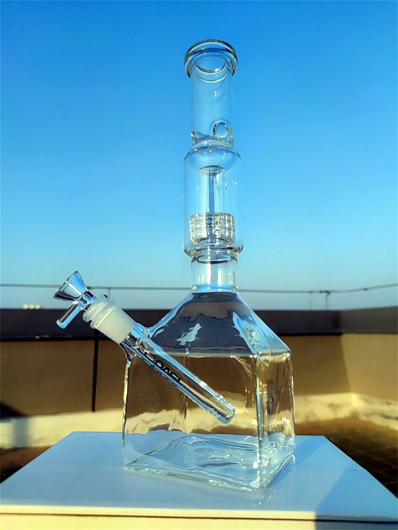 2021 14 Inches Hookah Bong Glass Dab Rig Clear Pure Teal Color Cube Base Water Bongs Smoke Pipes 14.4mm Female Joint