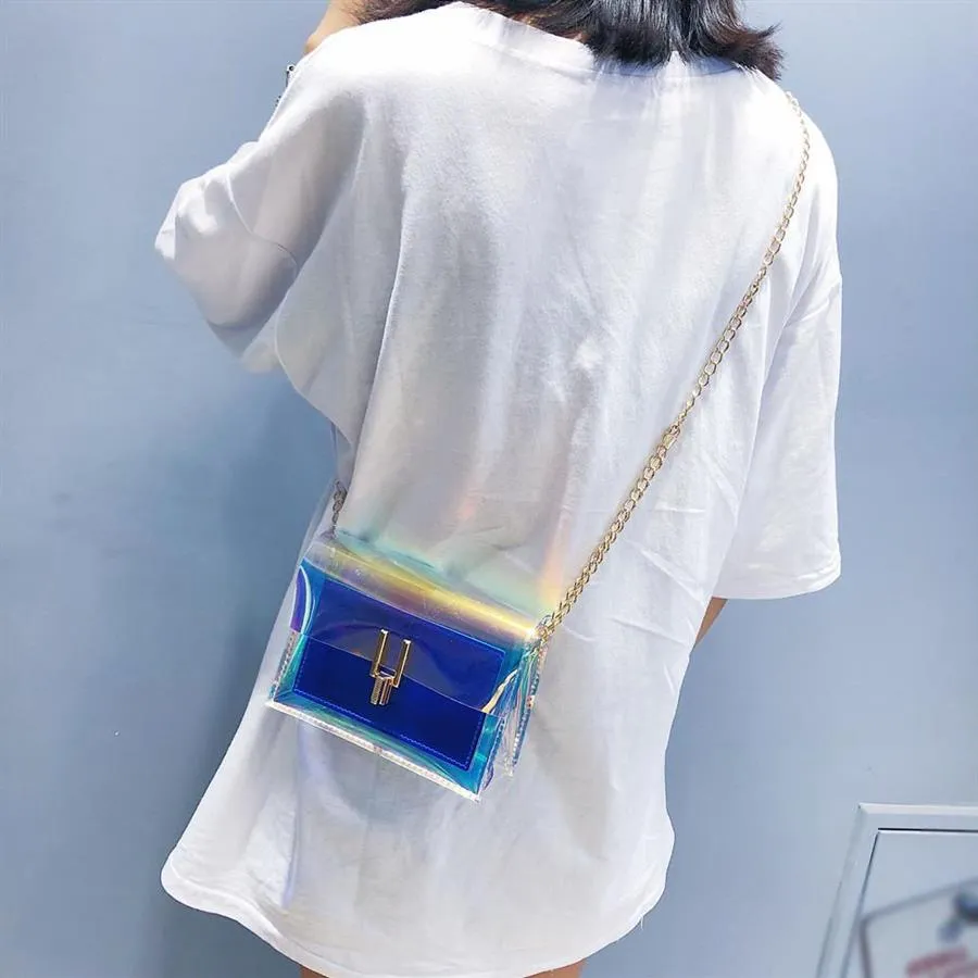 Laser gelée sacs clairs pour femmes chaîne holographique sac Transparent sacs à bandoulière messager sac à bandoulière Bolsa Feminina # N15250f