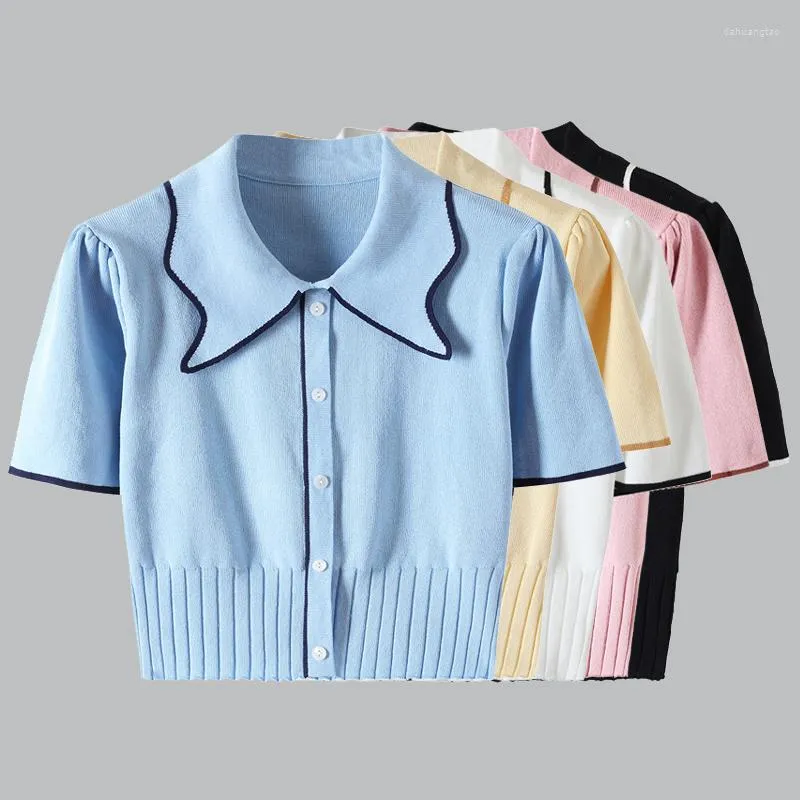 여자 T 셔츠 여성 슬림 허리 니트 짧은 소매 티 Y2K 옷 자른 상판 소녀 섹시한 한국 스타일 폴로 셔츠 니트웨어 티셔츠