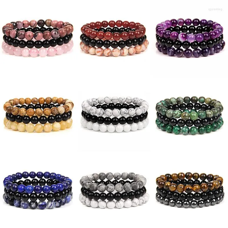 Странд 3PCS/SET Natural Stone Bracelets для женщин Мужчины Мода 8 мм бусинки браслеты наборы розовые кварцы аметисты содалит гематит украшения