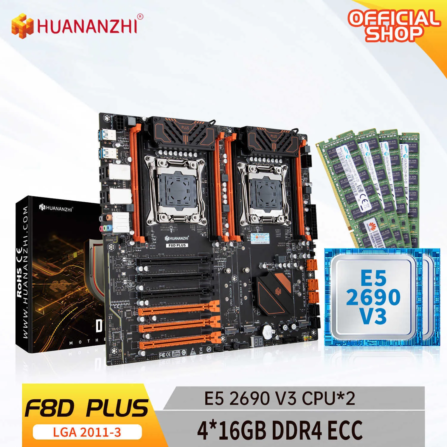 Huananzhi F8d Plus LGA 2011-3 Материнская плата Intel Dual CPU с Intel Xeon E5 2690 V3 2 с 4 16G DDR4 Recc Memory Set Sett