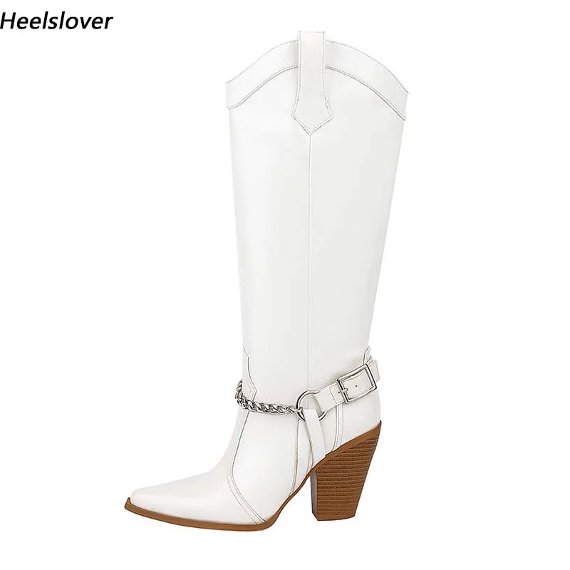 Heelslover Nowe moda kobiety zimowe butów środkowych butów obcasy spiczasty palce czarne białe zachodnie buty panie w USA rozmiar 5-13