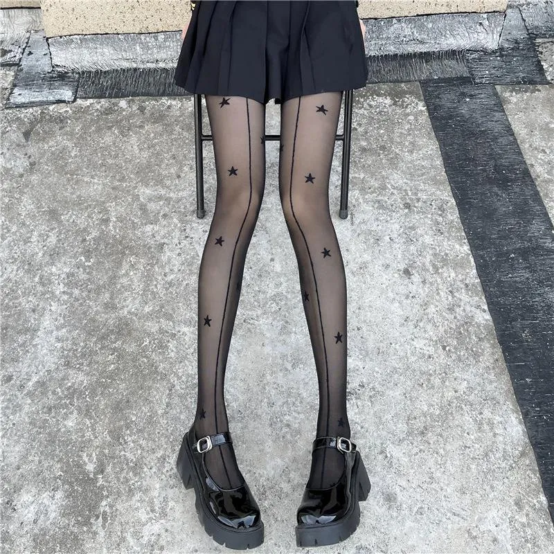 Kadınlar SOCKS Kadınlar Siyah Lolita Yıldız Baskı Dikişsiz şeffaf külotlu çorap taytlar Japon seksi örgü artı boyutta balık ağı çorap gotik çorap