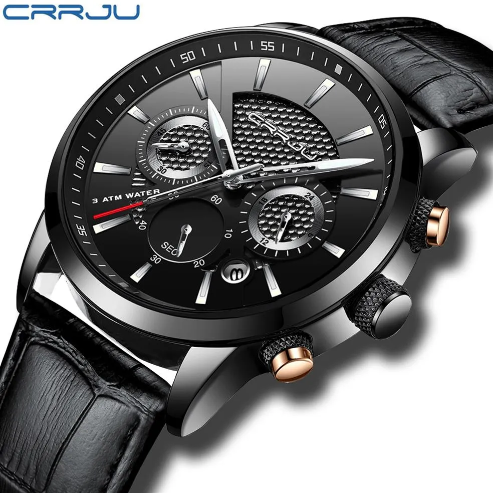 Новые часы Men Luxury Crrju Brand Chronograph Men Sport Watchs Высококачественные кожаные ремешки кварцевые наручные часы Relogio Masculin247b