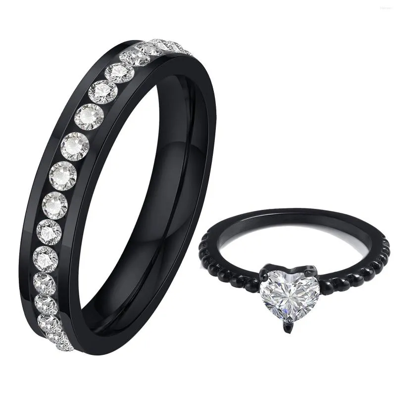 Anneaux de mariage couleur noire en acier inoxydable Couple de femmes avec CZ Zircon rangée mince cadeau de fiançailles empilable