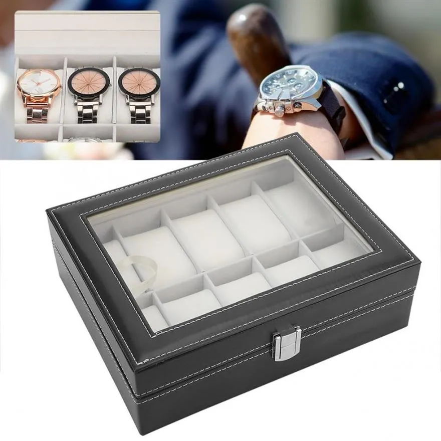 Portable étuis en cuir PU doublure en flanelle couvercle en verre sac de montre 10 fentes bijoux vitrine supports de stockage Box206Q