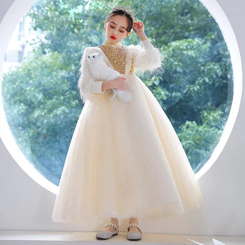 Girl Dresses High Neck Luxurious Ball Gown Full Sleeves Floor-Length Simple Kids Party Communion For Weddings A2253