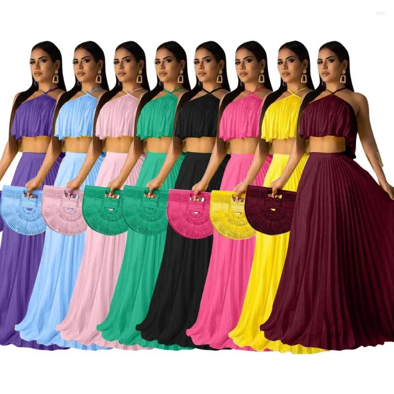 Casual Dresses Woman 2st Dress Solid Color Sleeveless Crop Vest Maxi Pleated kjol S-2XL D8284