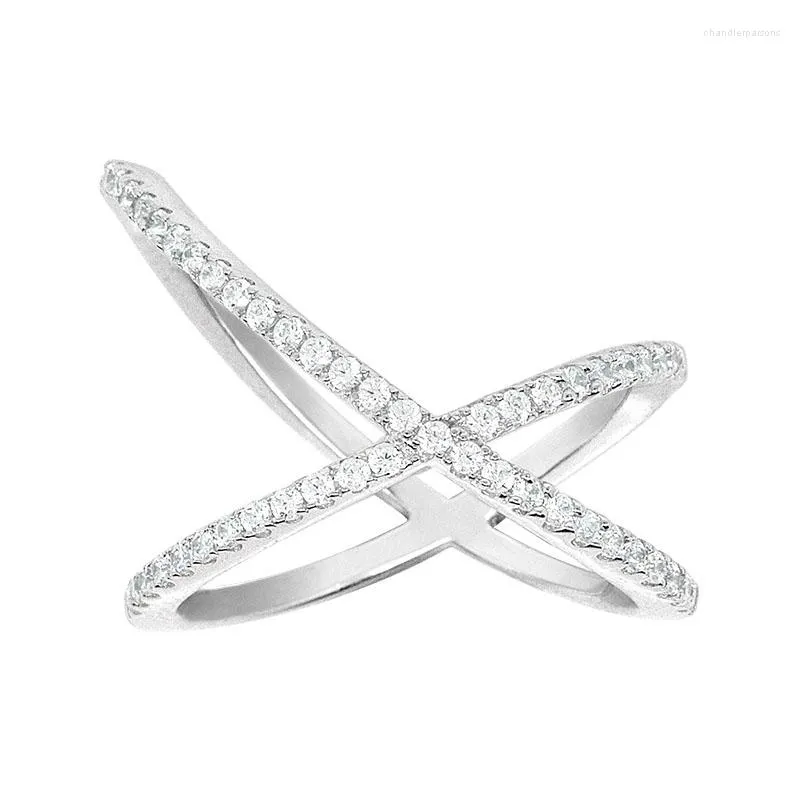 Klusterringar Soelle 925 Sterling Silver Simple Geometric Design Lines Cross X-Shaped Ring Micro CZ Zircon Stones Women