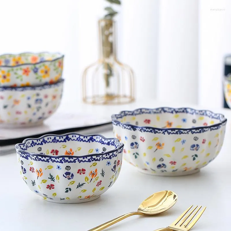 Schalen Wellenkante Keramikschüssel Handgezogene Reissalat Suppe Exportiert Geschirr Blumenmuster 8 Zoll tiefe Teller