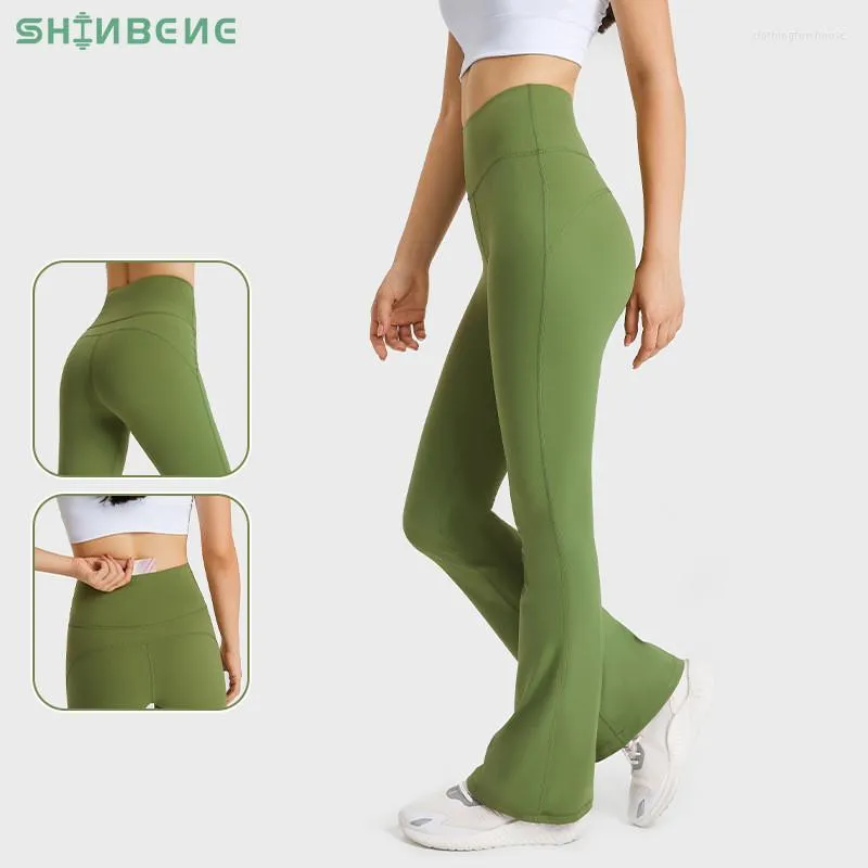 Calça ativa shinbene 32 "feminino casual bootleg yoga high wistide nylon treino flare leggings com bolso escondido