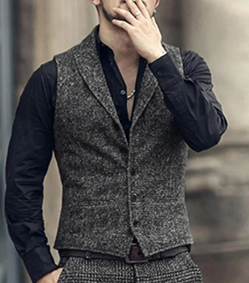 Men's Vests Mens Classic Suit Vest Herringbone Pattern Business Waistcoat Notch Lapel Wool Tweed Groomsmen For Wedding