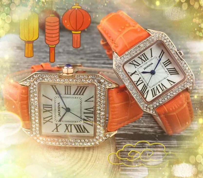 Populära diamanter ring lyxmannen Kvinnor Watches Lady Dress Square Roman Dial Three Pins Auto Date äkta läderbälte Rose Gold Silver Case Wristwatch Gifts