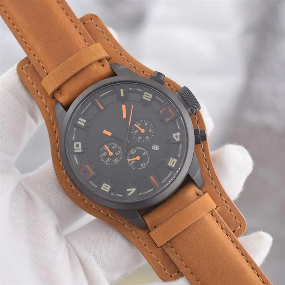 Sports car mens watches Brown strap watch Luxusuhr Black steel case Quartz Chronograph Wristwatches orologi da lusso185o