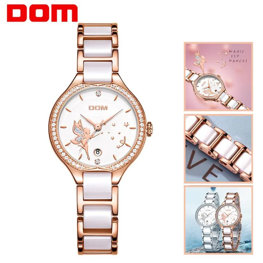 DOM Women Watches Fashion Ceramics Watchband Diamond Wrist Watch Top Luxury Brand Dress Ladies Geneva Quartz Clock G-1271G-7M2295p