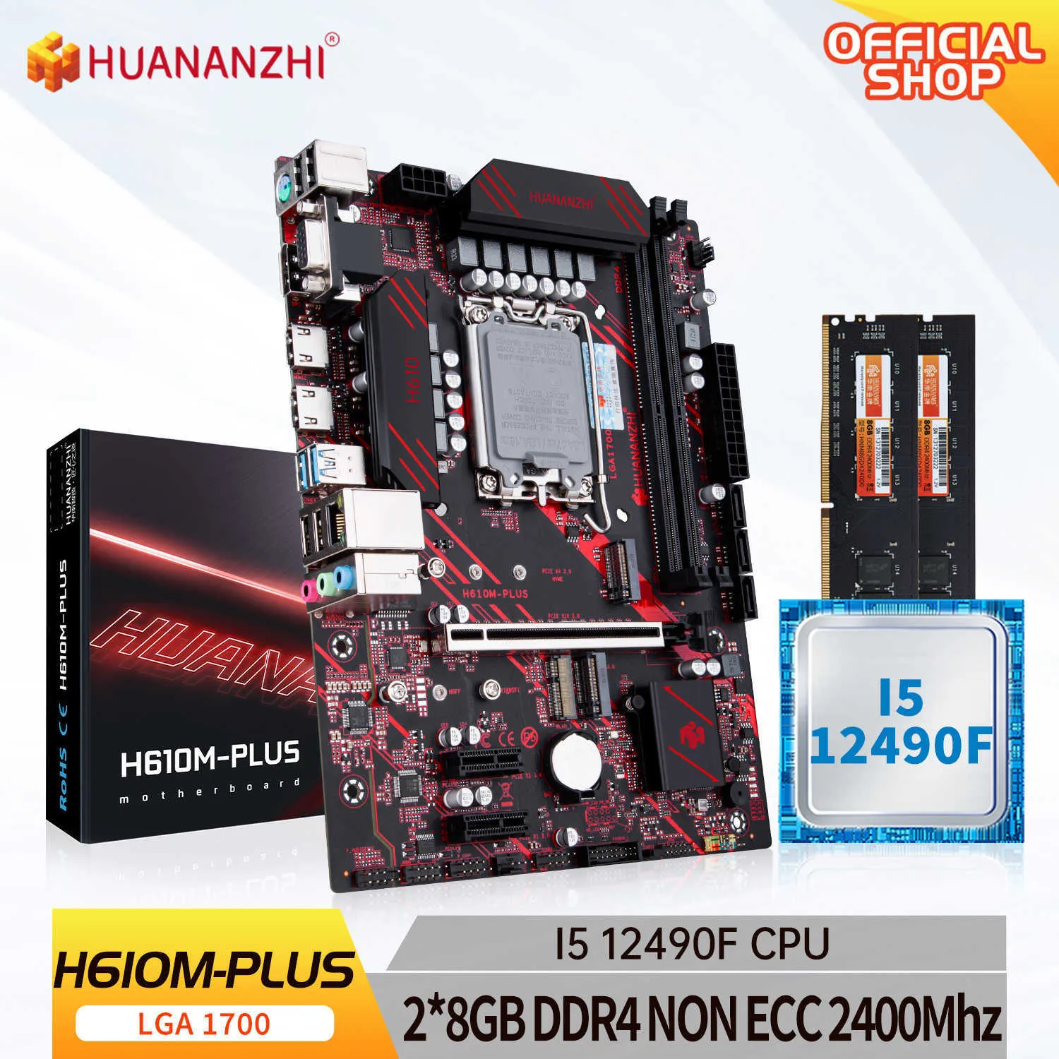 HUANANZHI H610M PLUS Motherboard M ATX mit Intel LGA 1700 Core i5 12490F mit 2 8G DDR4 NON ECC Speicher Combo Kit M.2 NVME