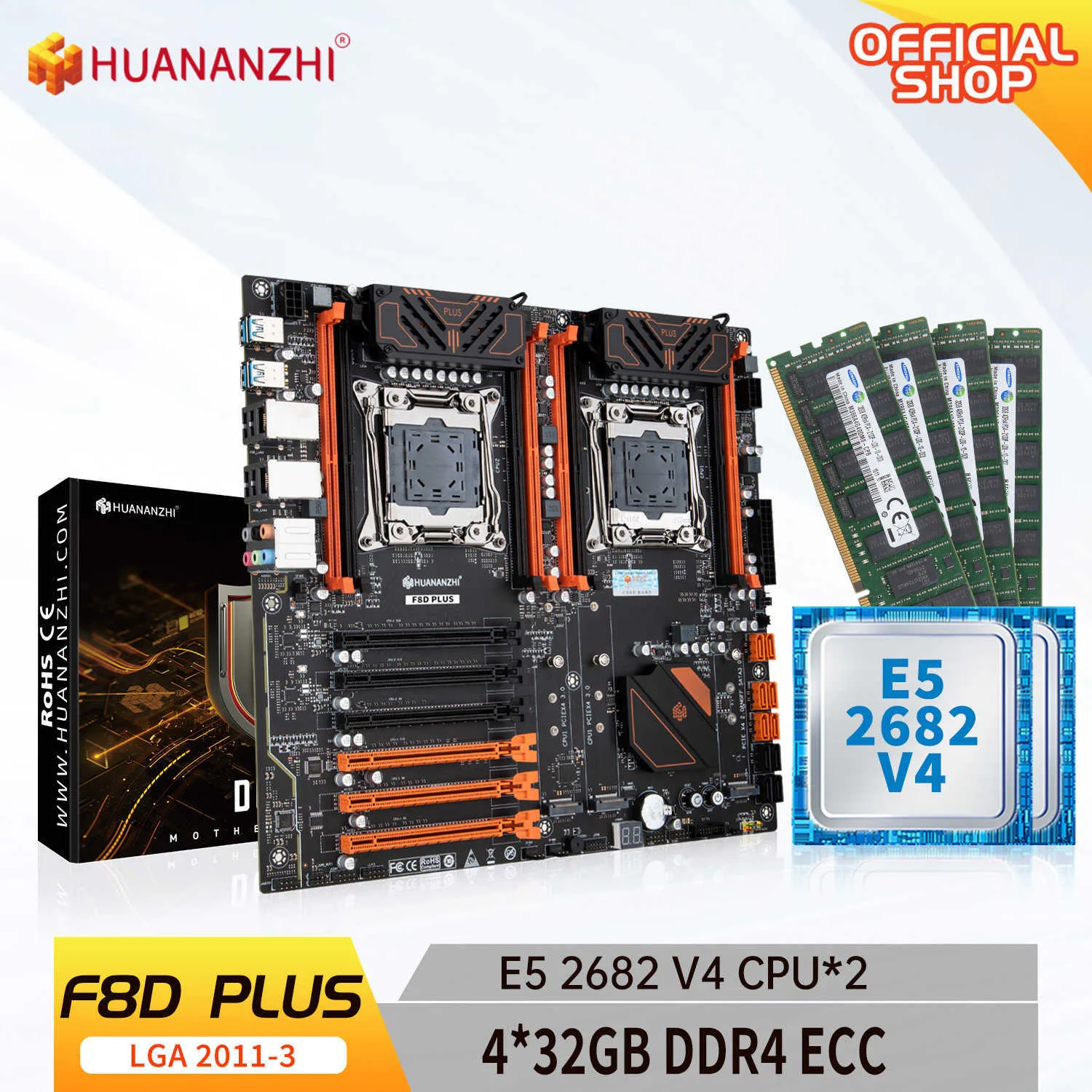 Huananzhi F8D plus LGA 2011 3 Moederbord Intel Dual CPU met Intel Xeon E5 2682 V4 2 met 4 32G DDR4 RecC Memory Combo Kit Set