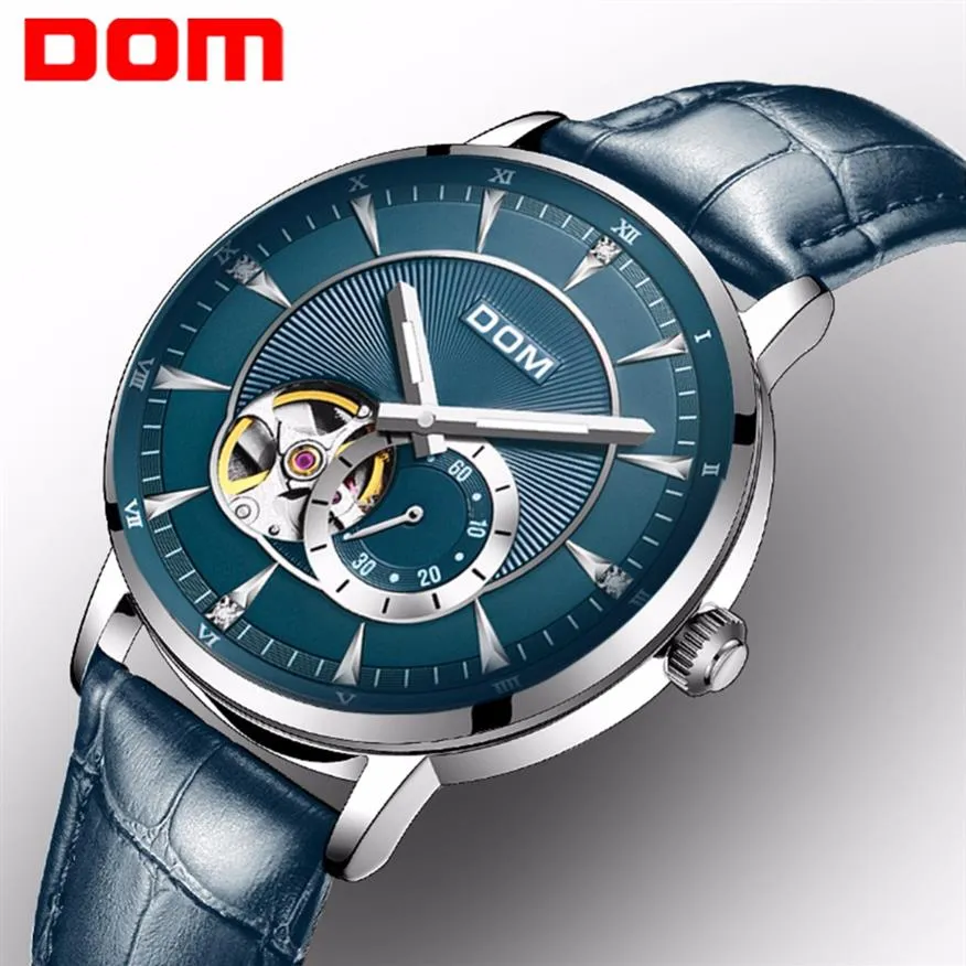 Dom New Blue Men's Skeleton Wristwatch LeatherアンティークスチームパンクカジュアルオートマチックスケルトンメカニカルウォッチMALE CLOCK M-812666