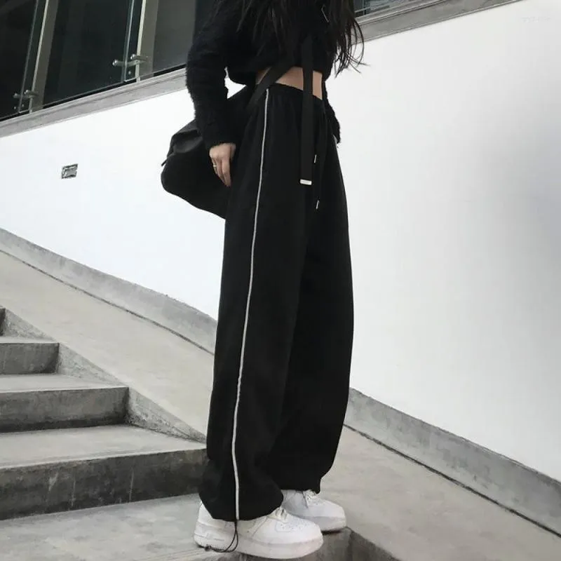 Women's Pants Side Striped Wide Leg Korean Style Y2K Women Pant Bundle Feet Sweatpants Drawstring Pantalones High Waist Trousers Female