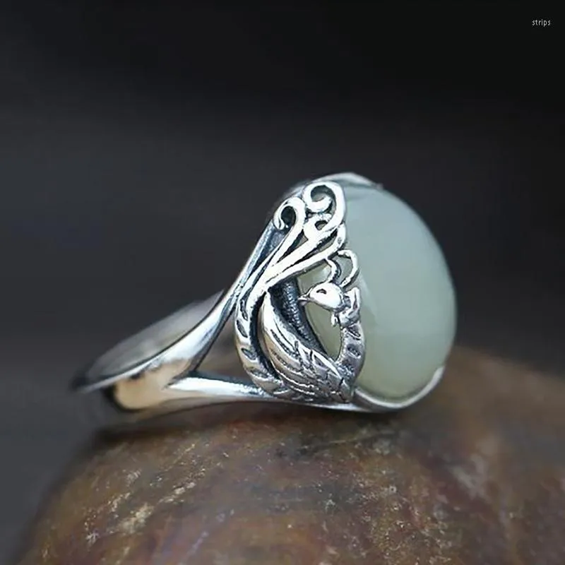 Kluster ringar silver retro smycken phoenix ring hantverk charm inlagd jade kvinna för kvinnor justerbar design temperament valentin