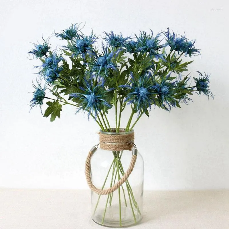 Decorative Flowers 1Pc Artificial Eryngium Thistles Bunch Plant 3-Fork Plastic Wedding Flower Creative Art Arrangement Material