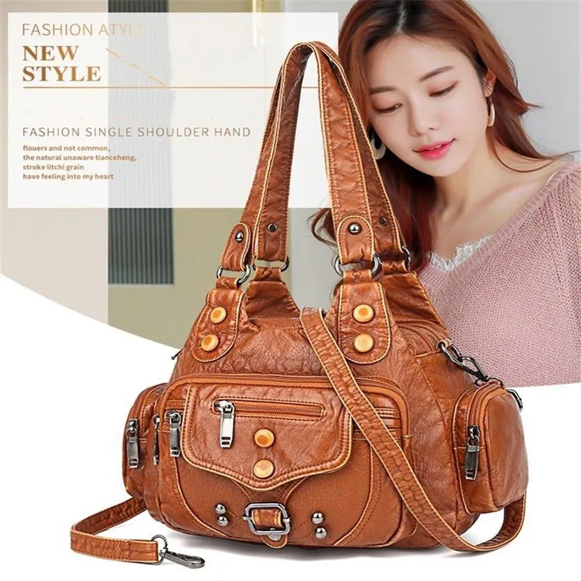 Washable PU bag women's handbag retro fashion rivet Packs soft leather tote bags multi pocket Handbags large capacity messeng2456