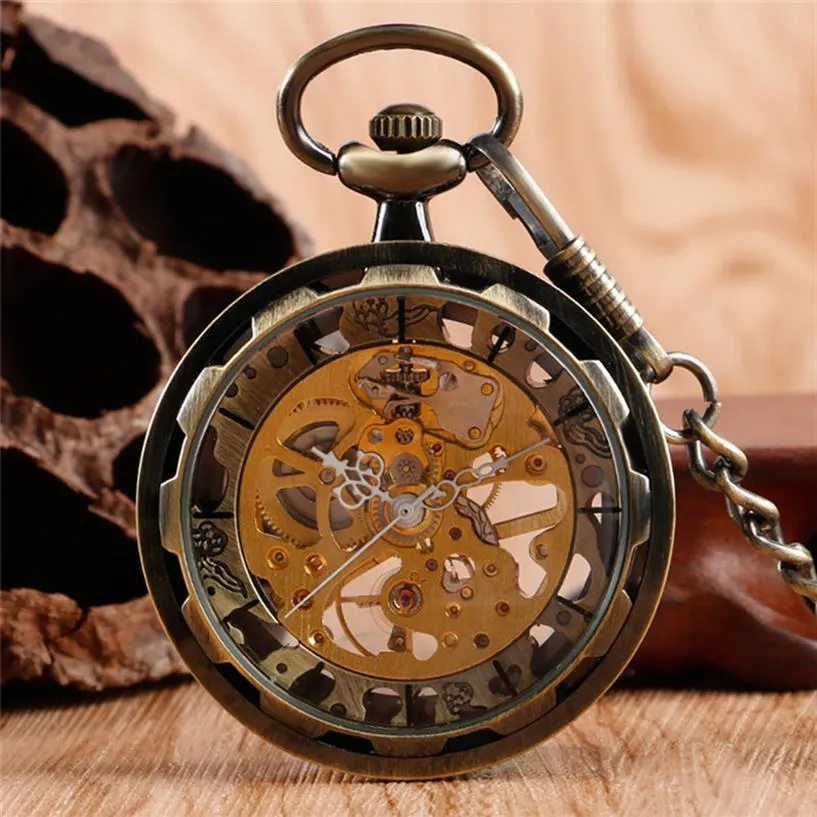 Klassieke bronzen zwarte mechanische handwindende pocket horloge mannen vrouwen hanger antieke klok met fob chain cadeau montre de poche273o