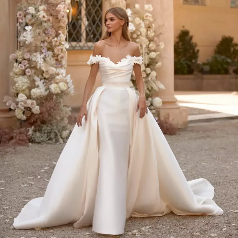 Abiti da sposa sexy a sirena con scollo a V per la sposa con spalle scoperte Treno staccabile Abiti da sposa in raso avorio