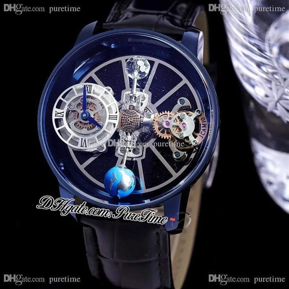 2022 Astronomia Tourbillon Orologio da uomo al quarzo svizzero Cassa in acciaio blu PVD Sky Skeleton Quadrante globo 3D Cinturino in pelle nera Super Editio178I