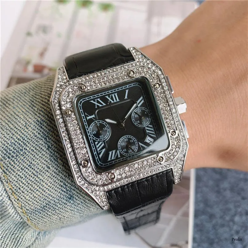 Mode hommes montre mouvement à quartz diamant brillant montres chronomètre tous les travaux de cadran icd sur bracelet en cuir boîtier en acier inoxydable lif2747