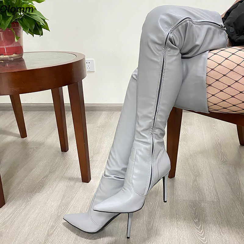 Olomm 2022 Kvinnor Vinterlårstövlar Hela Side Zipper Sexiga stilett klackar pekade Toe Gray Party Shoes Plus Size 35-47 Y220729