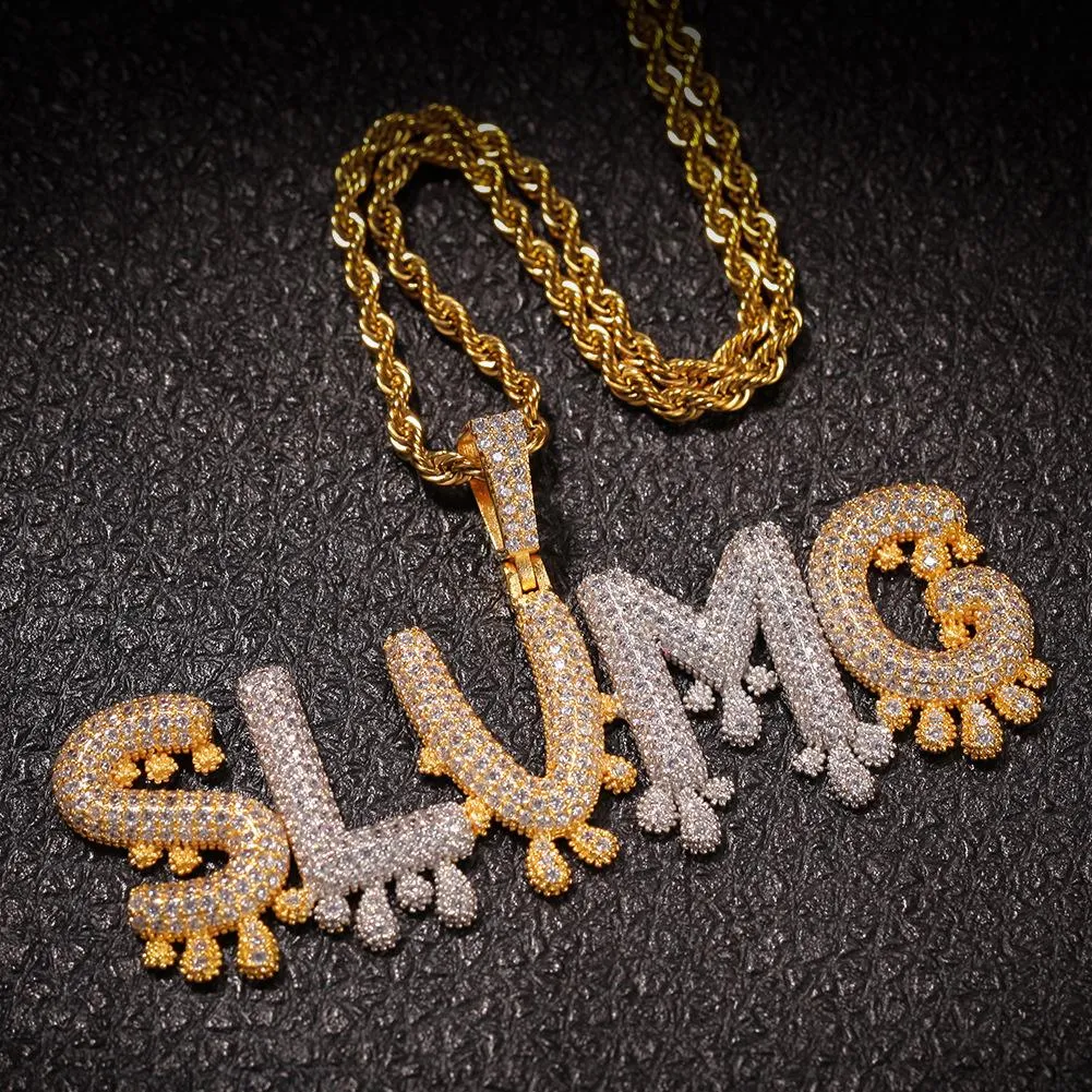 Hip Hop A-Z Custom Name Letters Pendant Necklace Waterdrop Bling Simulated Diamond 18K Real Gold Plated Jewelry