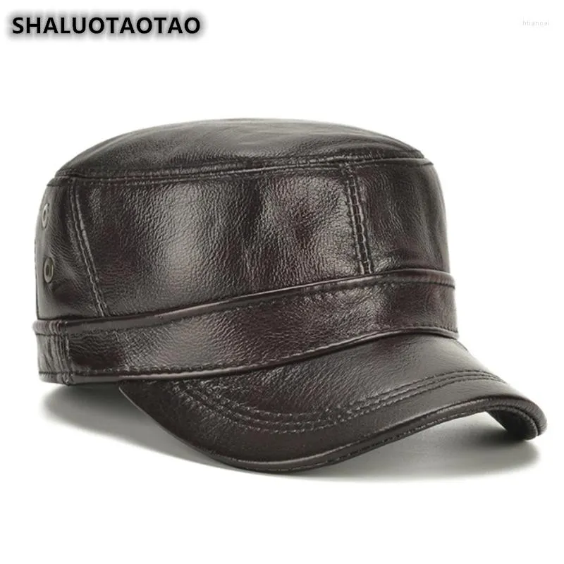 Berets Men's Leather Hat Flat Cap Warm Earmuffs Cowhide Military Hats Autumn Winter Snapback Peaked Caps Middle Age Papa