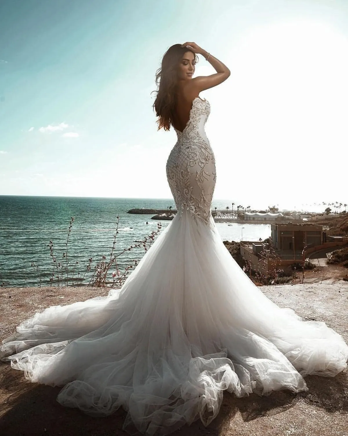 Elegant Mermaid Wedding Dresses Sweetheart High Waist Sleeveless Beaded Applicants Backless Net Court Gown Zipper Custom Made Plus Size Vestidos De Novia