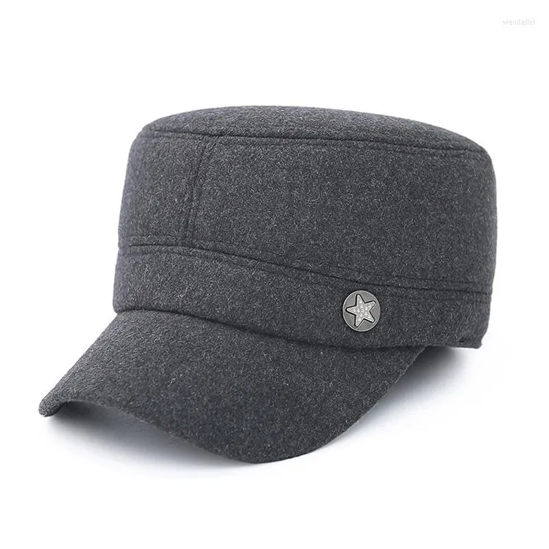 Berretti Uomo Feltro di lana Cappelli militari Berretto militare Cappello papà tinta unita Autunno Inverno Stella di rame Logo Addensare Mantieni caldo piatto con paraorecchie